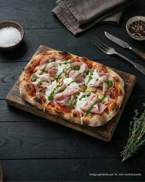 Pinsa romana (tomate, jambon blanc, stracciatella, pesto)
